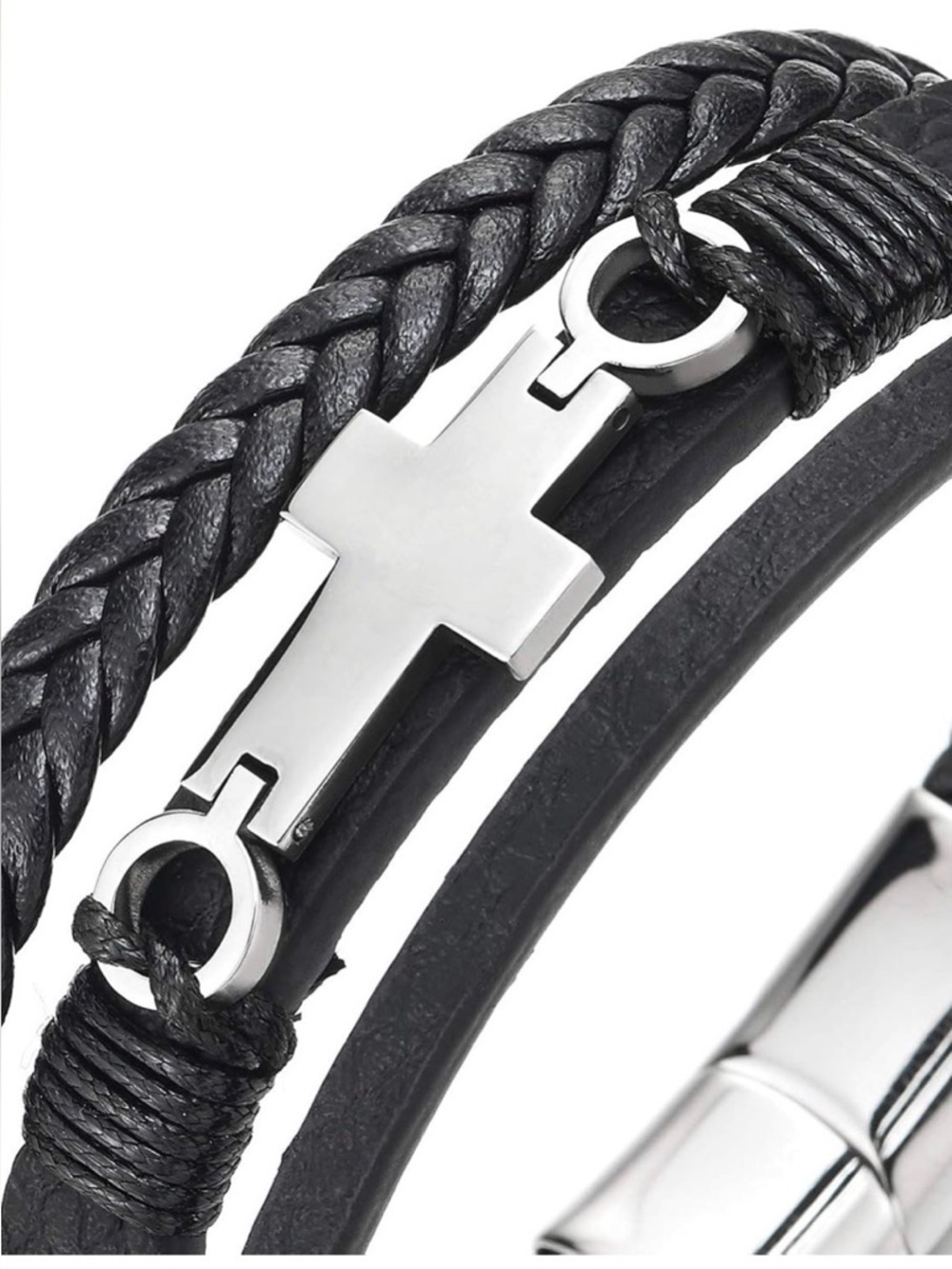 Coolsteelandbeyond multistrand black leather bracelet with lateral cross unisex
